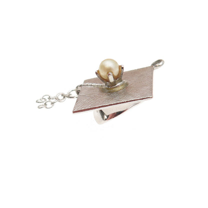 Wells 925 Sterling Silver Vintage Faux Pearl Graduation Hat 3D Mini Pendant