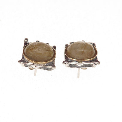 925 Sterling Silver 14K Gold Vintage Real Rutilated Quartz Modernist Earrings
