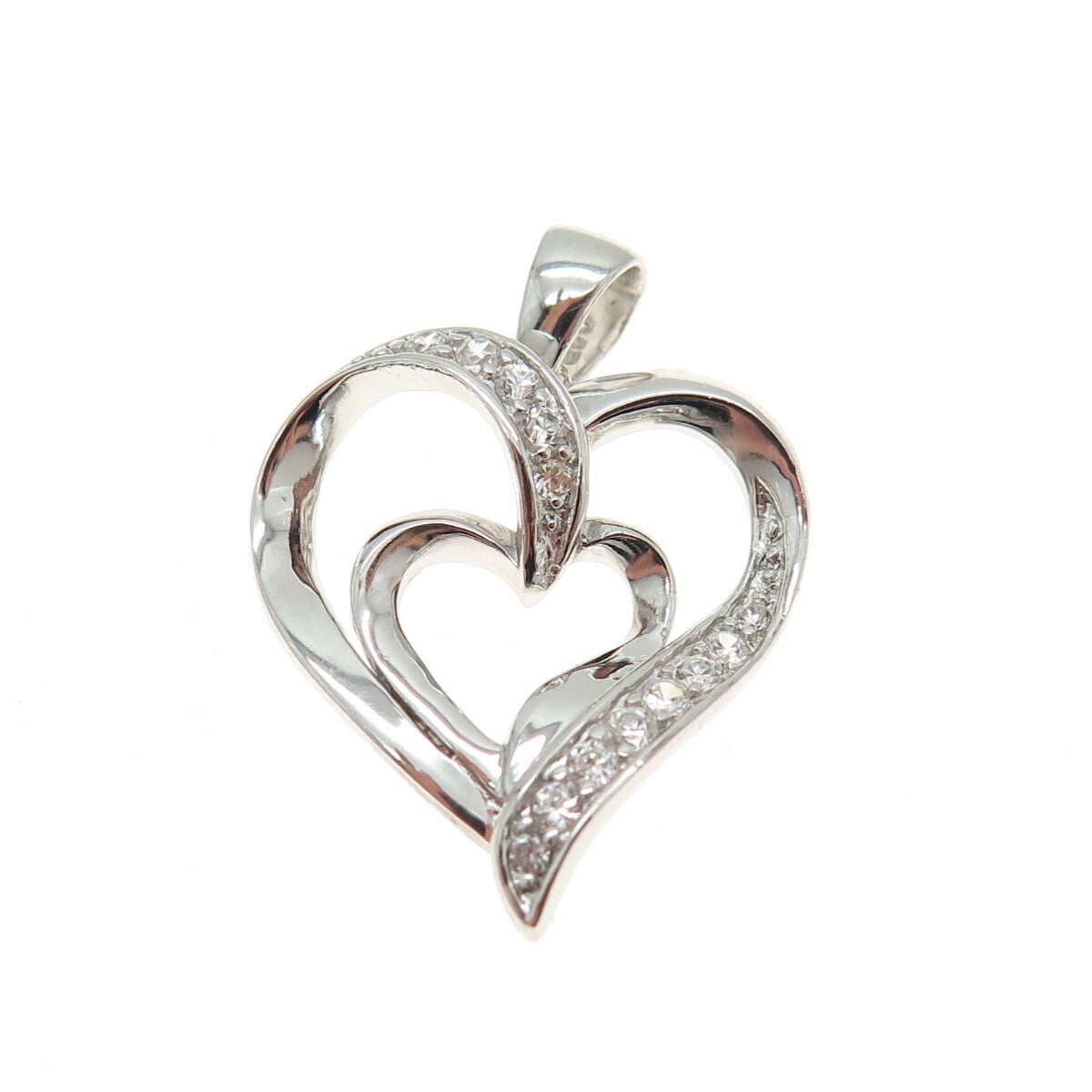 HAN 925 Sterling Silver Round-Cut C Z Double Heart Pendant