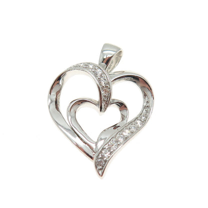 HAN 925 Sterling Silver Round-Cut C Z Double Heart Pendant