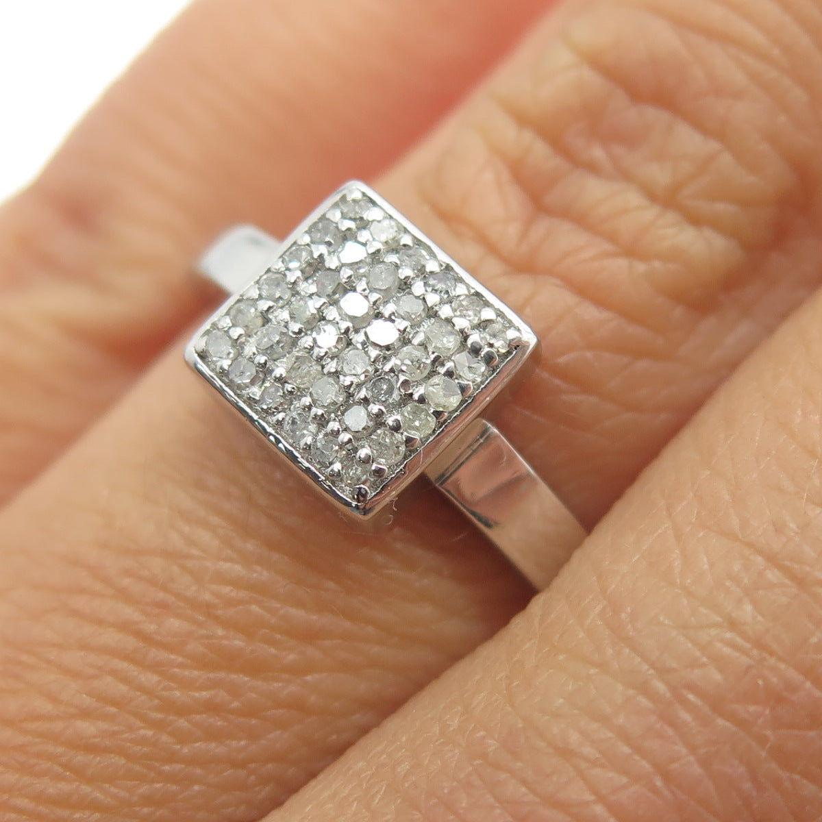 925 Sterling Silver Real Round-Cut Diamond Square Ring Size 7