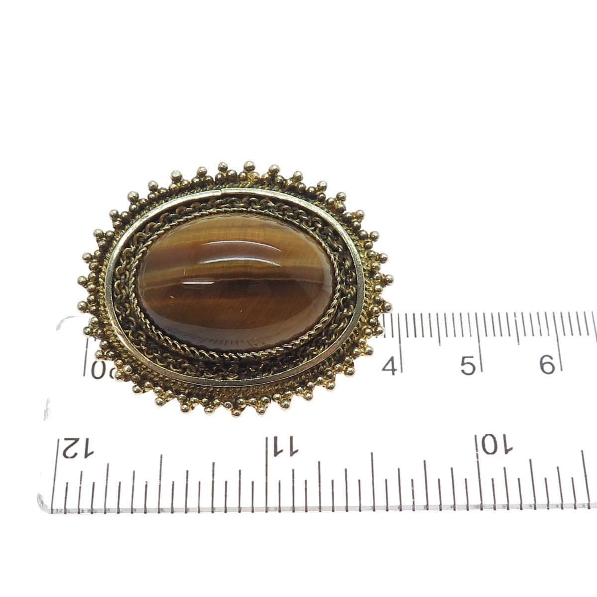 925 Sterling Silver Gold Plated Vintage Israel Real Tiger Eye Pin Brooch Pendant