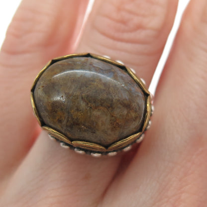 CAROLYN POLlACK 925 Sterling Silver 2-Tone Vintage Real Agate Ring Size 6.5