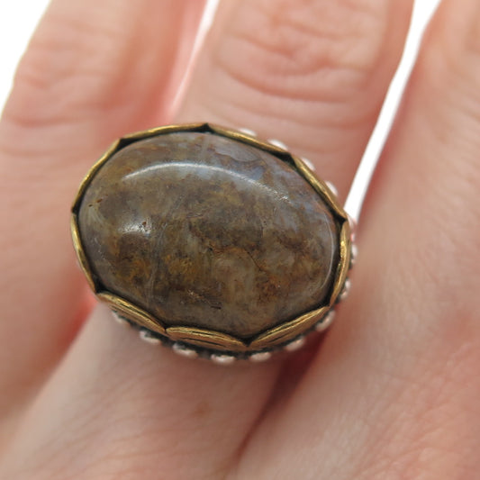 CAROLYN POLlACK 925 Sterling Silver 2-Tone Vintage Real Agate Ring Size 6.5