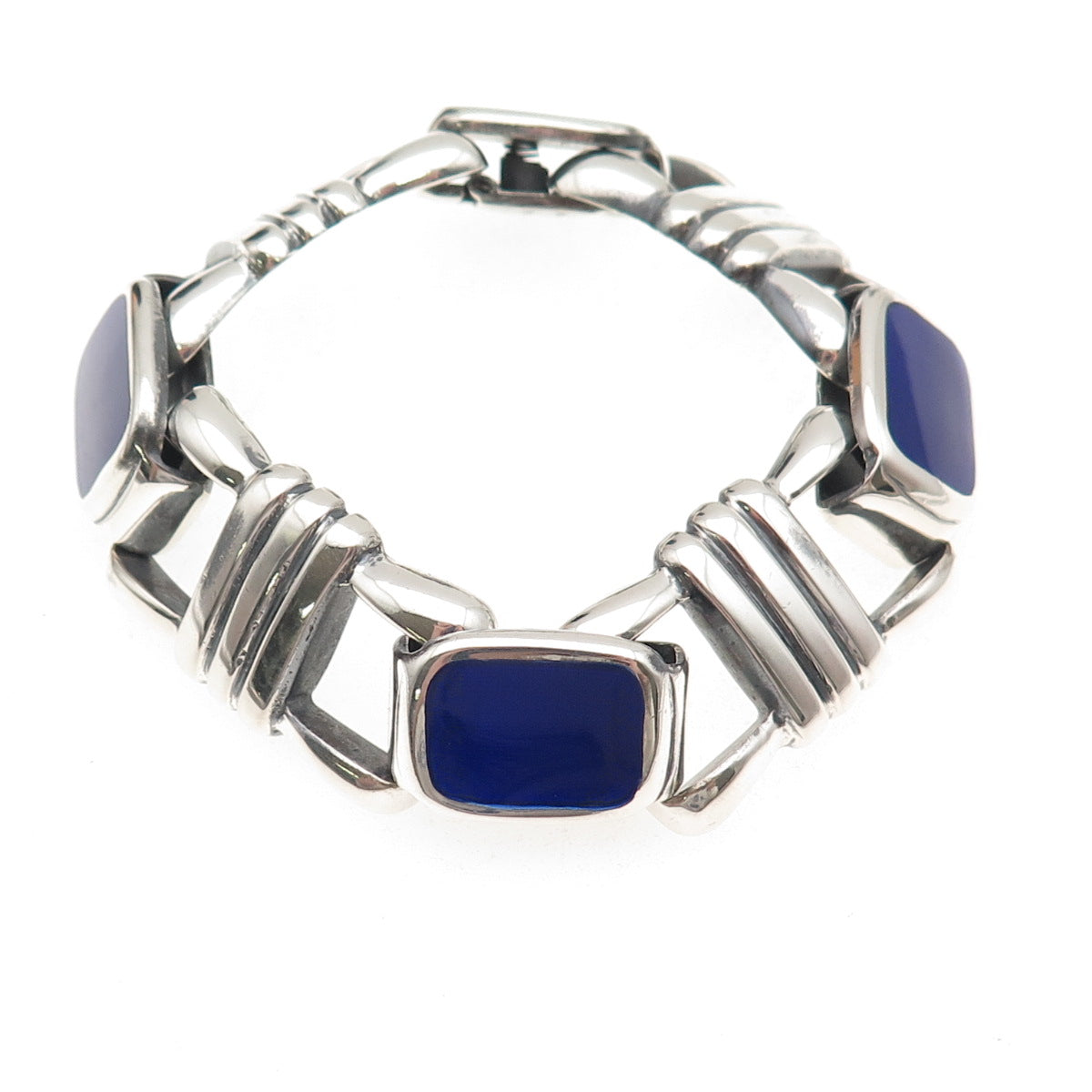 925 Sterling Silver Vintage Italy Real Lapis Heavy 76.4g Anchor Link Bracelet 7"