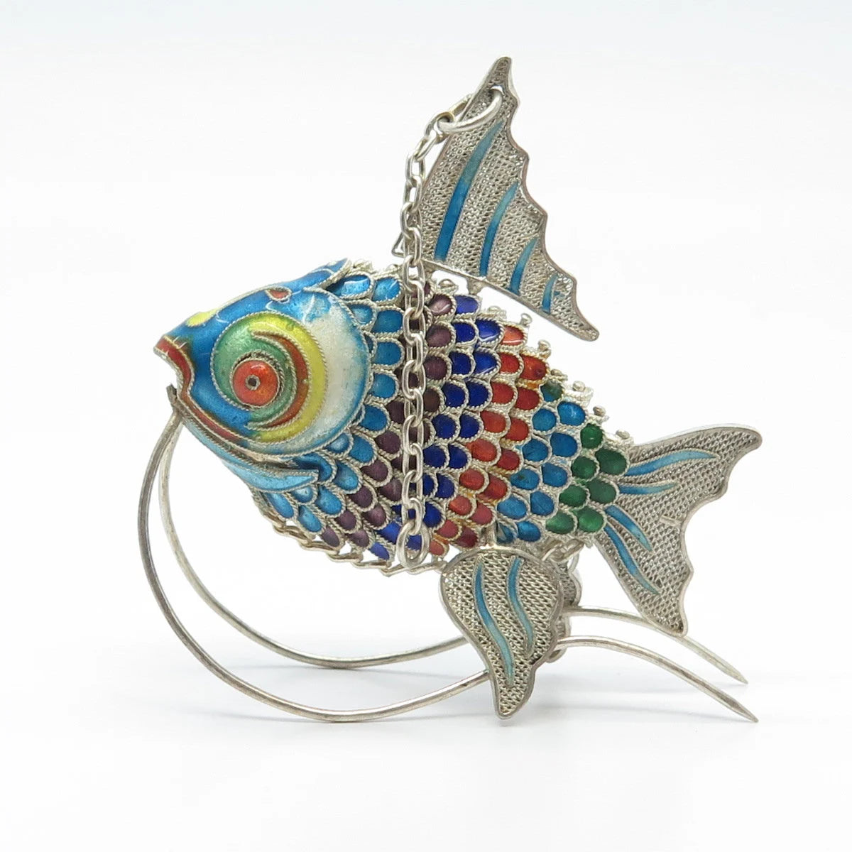 925 Sterling Silver Antique Enamel Chinese Koi Fish Articulated Chatelaine Fob