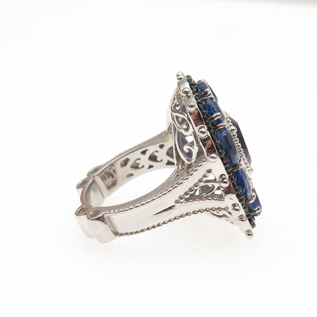 925 Sterling Silver Real Sapphire Amethyst & Black Spinel Cluster Ring Size 7