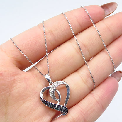 925 Sterling Silver Italy White Blue Diamond Open Heart Rolo Chain Necklace 18"