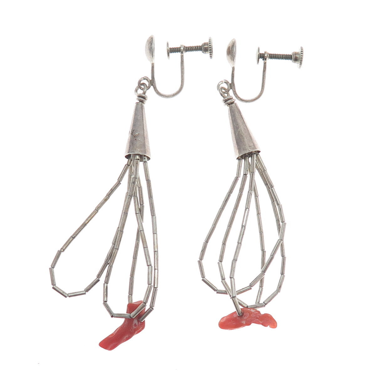 SUNRISE Old Pawn Sterling Silver Coral Liquid Chain Tassel Screw Back Earrings