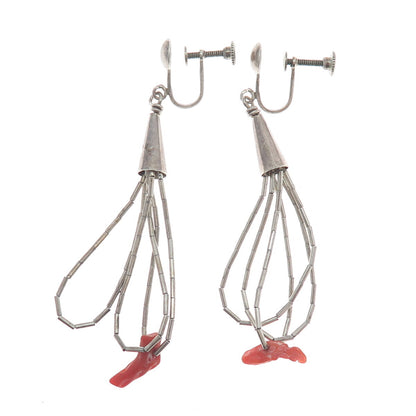SUNRISE Old Pawn Sterling Silver Coral Liquid Chain Tassel Screw Back Earrings