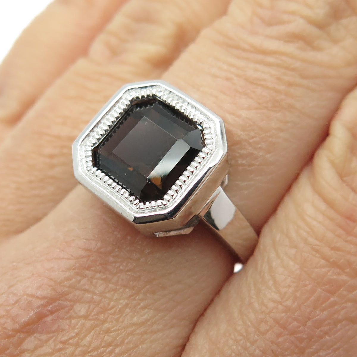 925 Sterling Silver Real Cushion-Cut Smoky Quartz Ring Size 7