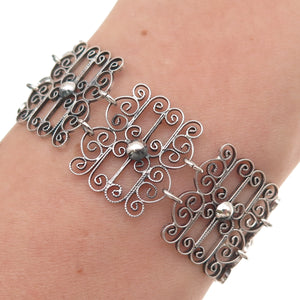 835 Silver Antique Art Deco Floral Filigree Panel Link Oxidized Bracelet 7.25"