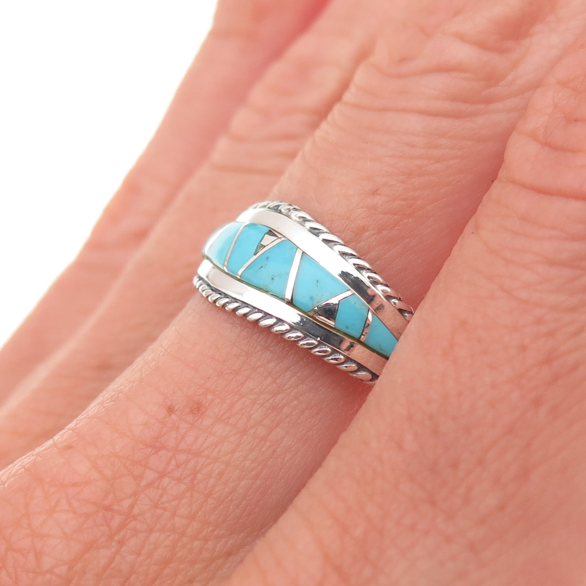 925 Sterling Silver Vintage Real Turquoise Zig Zag Oxidized Ring Size 8.25