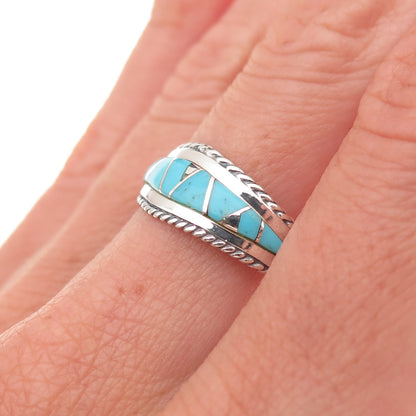 925 Sterling Silver Vintage Real Turquoise Zig Zag Oxidized Ring Size 8.25