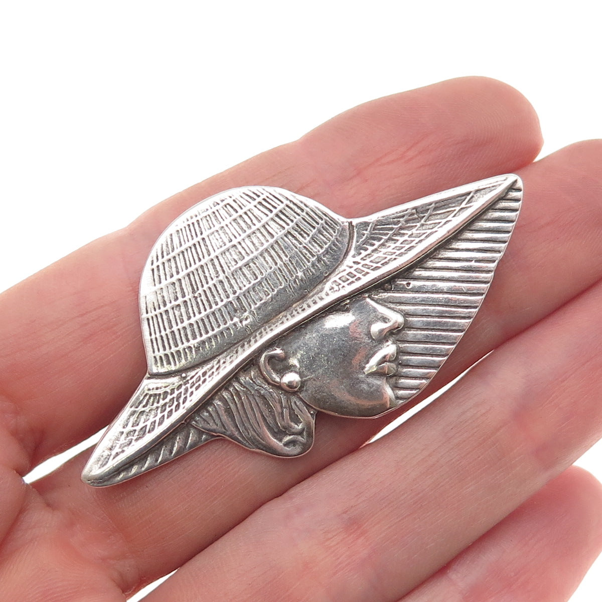 Shube 925 Sterling Silver Vintage Lady in Hat Oxidized Pin Brooch