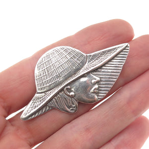 Shube 925 Sterling Silver Vintage Lady in Hat Oxidized Pin Brooch