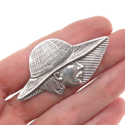 Shube 925 Sterling Silver Vintage Lady in Hat Oxidized Pin Brooch