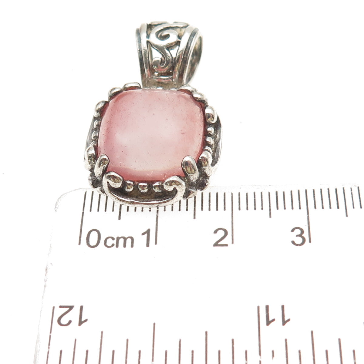 925 Sterling Silver Vintage Real Rose Quartz Swirl Oxidized Charm Pendant