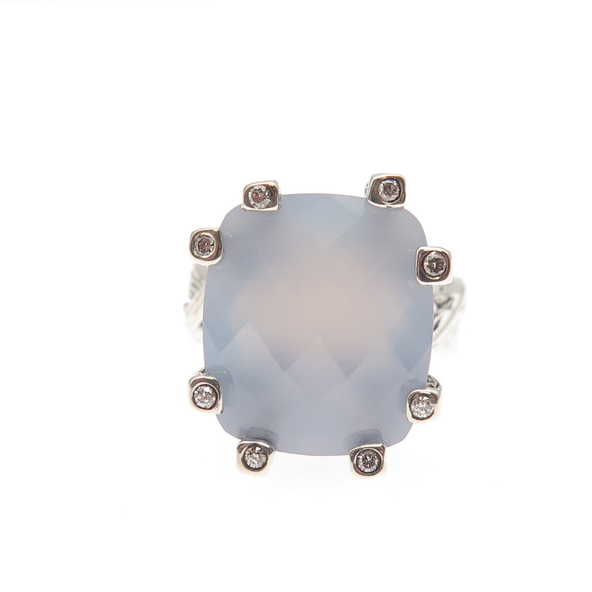 925 Sterling Silver Vintage Real Diamond & Chalcedony Modernist Ring Size 5.5