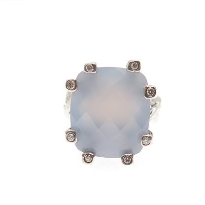 925 Sterling Silver Vintage Real Diamond & Chalcedony Modernist Ring Size 5.5