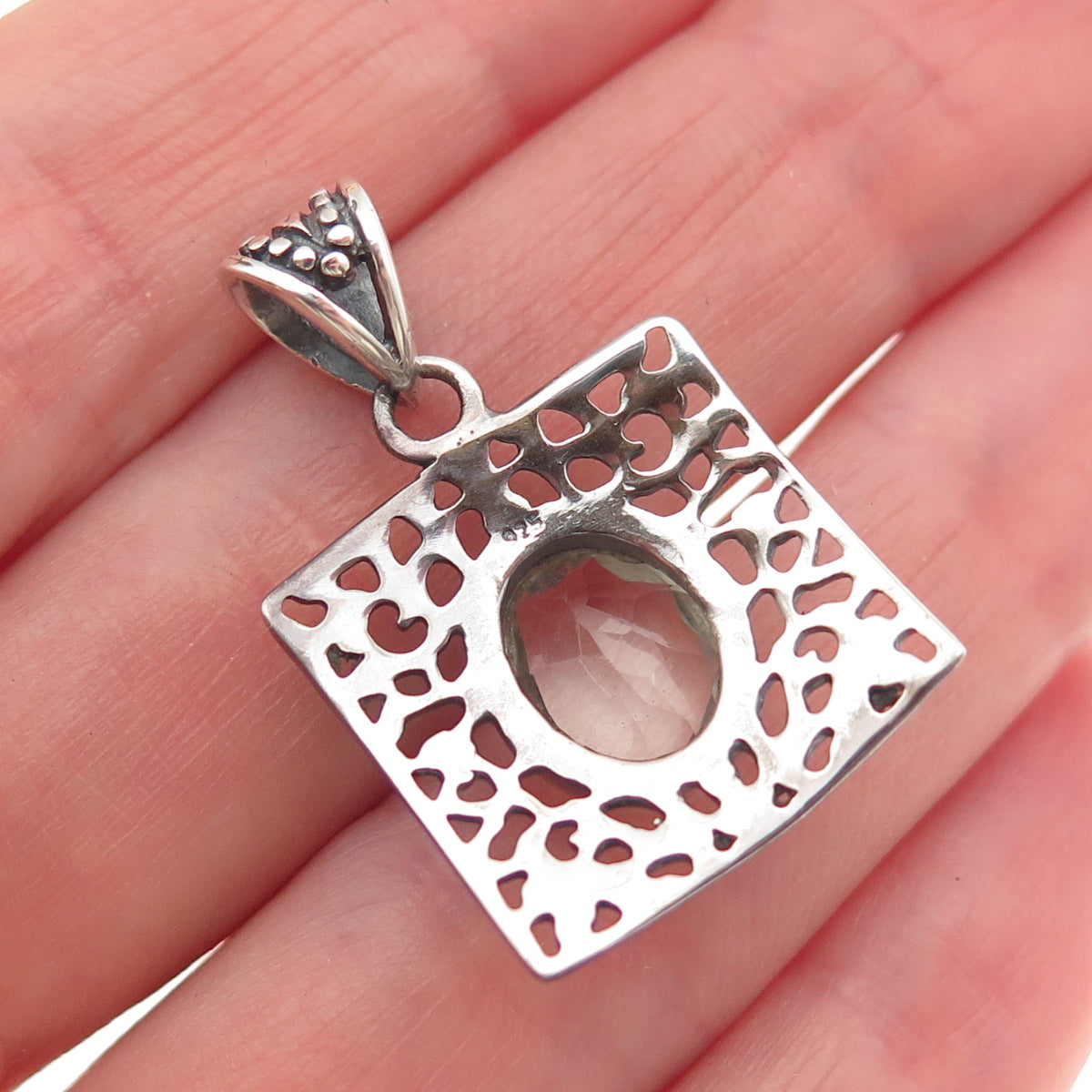 925 Sterling Silver Vintage Real Green Amethyst Modernist Charm Pendant