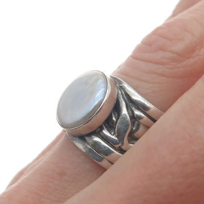SILPADA 925 Sterling Silver Vintage Real Pearl Modernist Oxidized Ring Size 7.25