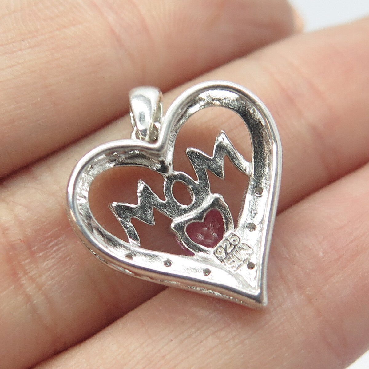 SUN 925 Sterling Silver Real Round Diamond & Pink Sapphire "MOM" Heart Pendant