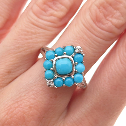 925 Sterling Silver Real Sleeping Beauty Turquoise & White Topaz Ring Size 8