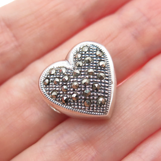 925 Sterling Silver Vintage Real Marcasite Heart Minimalist Slide Charm Pendant