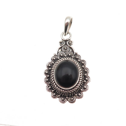 925 Sterling Silver Vintage Real Black Onyx Swirl Beaded Oxidized Charm Pendant