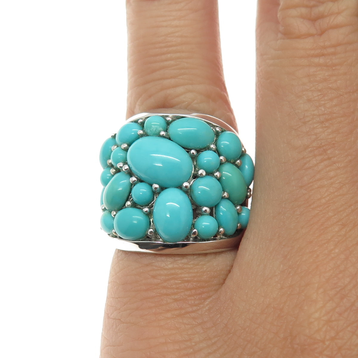 925 Sterling Silver Real Sleeping Beauty Turquoise Cluster Ring Size 5