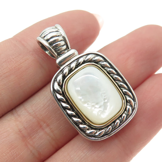 925 Sterling Silver 14K Gold Vintage Real Mother-of-Pearl Oxidized Roped Pendant