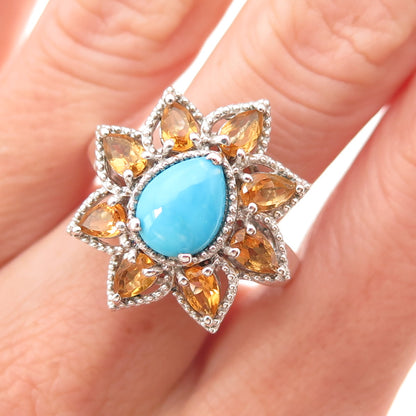 Chuck Clemency 925 Sterling Silver Real Turquoise Citrine Floral Ring Size 8.25