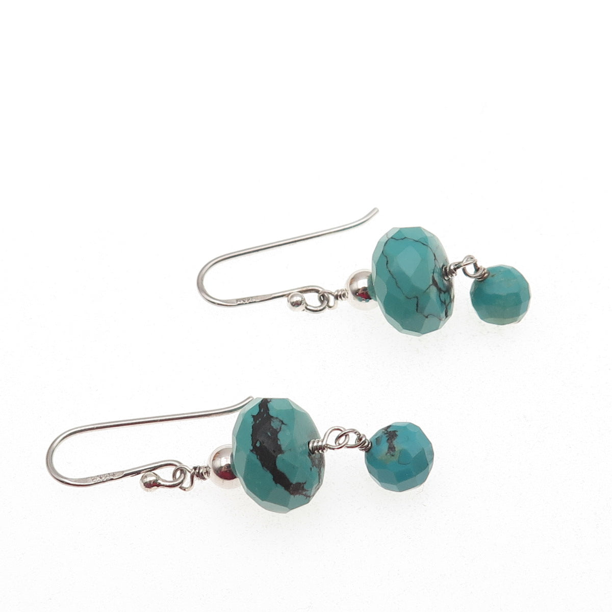 SX Sally C 925 Sterling Silver Vintage Real Turquoise Beaded Dangle Earrings