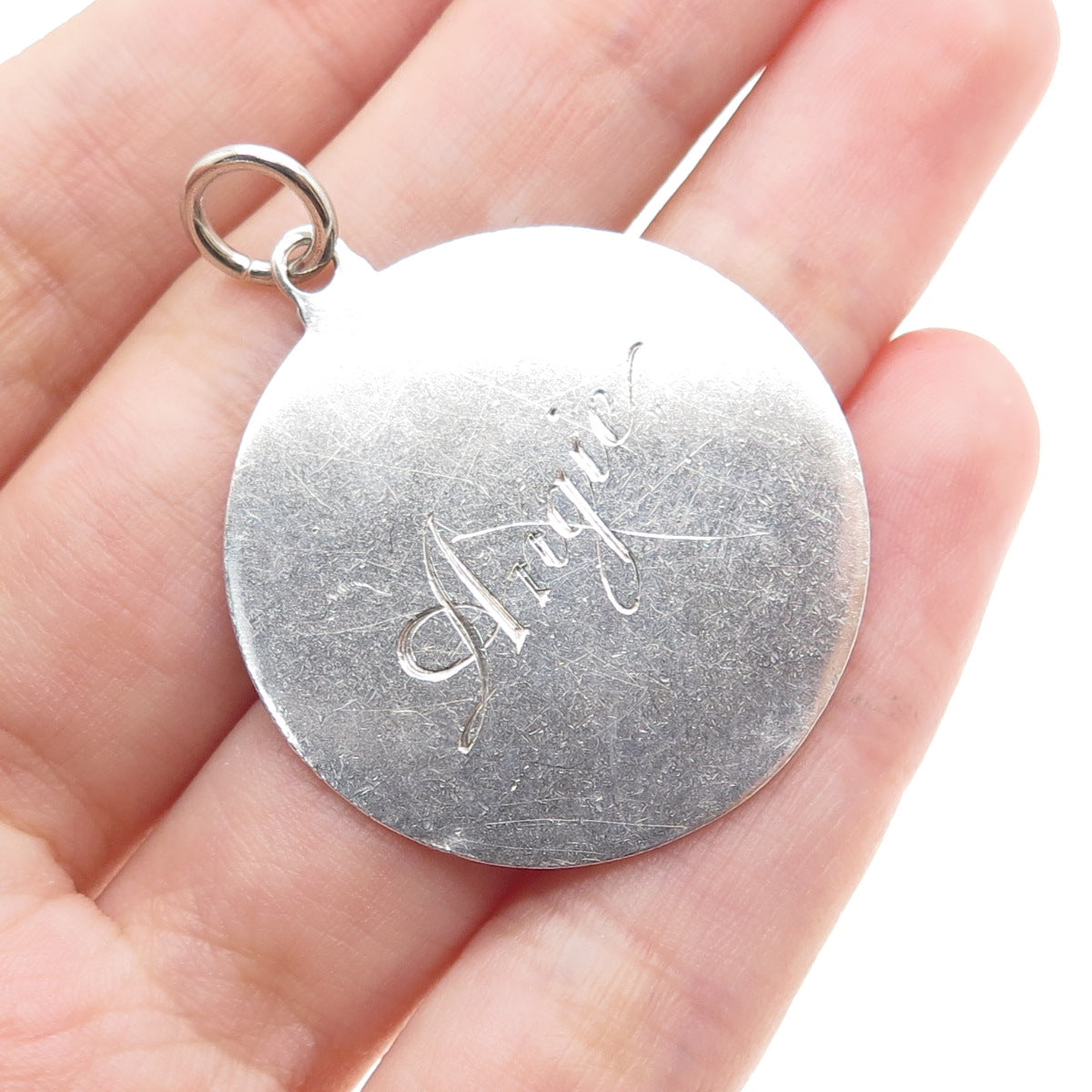 925 Sterling Silver Vintage Engraved Angie Round Tag Charm Pendant