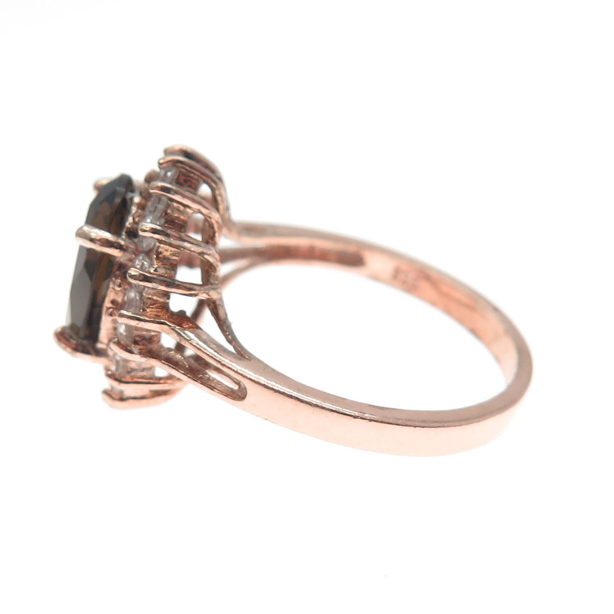 925 Sterling Silver Rose Gold Plated Real Smoky Quartz & C Z Ring Size 8.25