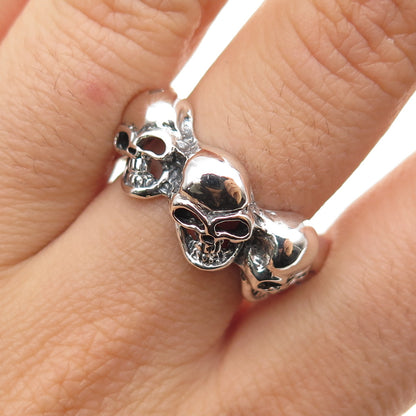 925 Sterling Silver Vintage Skull Oxidized Biker Ring Size 8.75