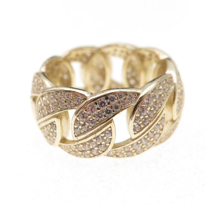 925 Sterling Silver Gold Plated Round-Cut C Z Cuban Link Band Ring Size 9.25