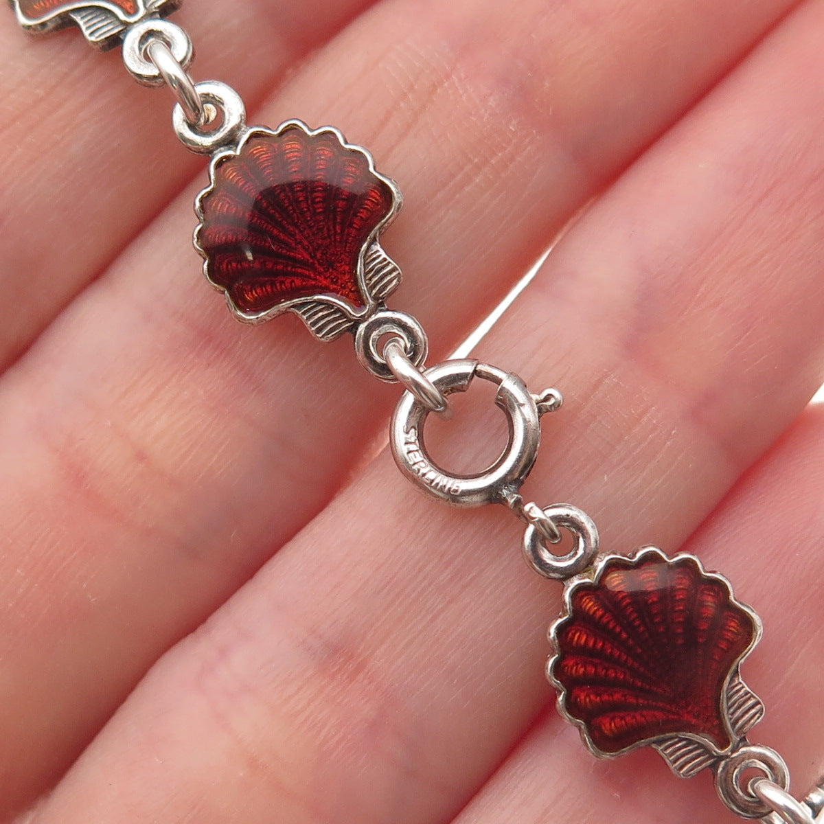 Volmer Bahner 925 Sterling Silver Vintage Denmark Enamel Seashell Bracelet 6.5"