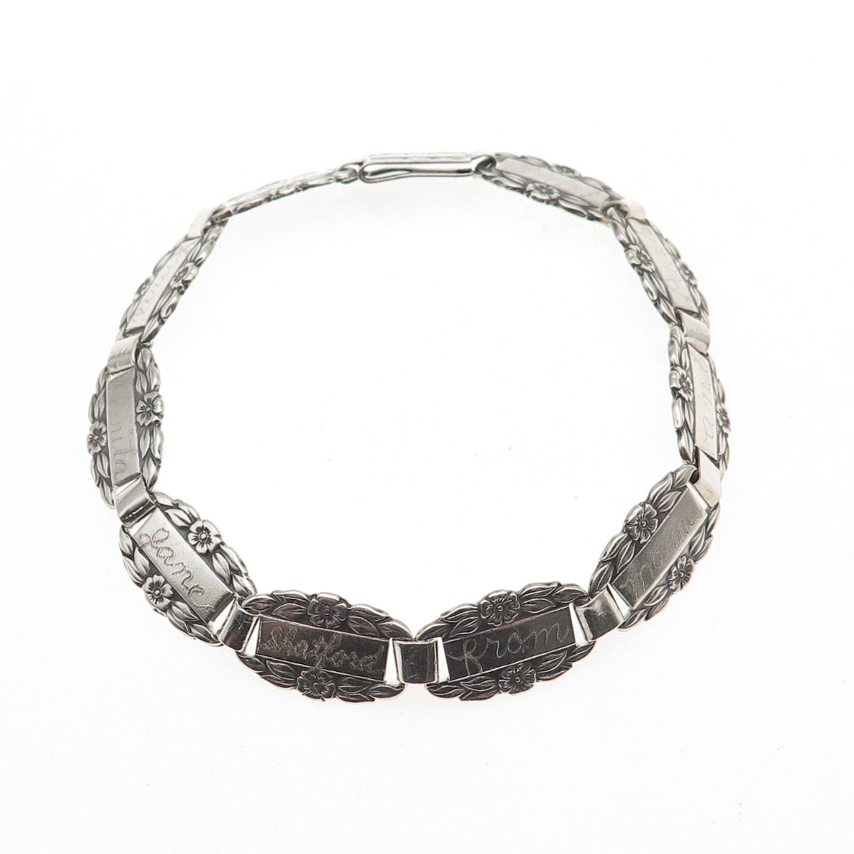 925 Sterling Silver Antique Art Deco Forget Me Not Engraved Link Bracelet 7.5"