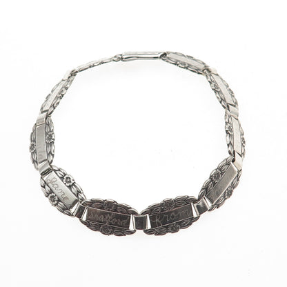 925 Sterling Silver Antique Art Deco Forget Me Not Engraved Link Bracelet 7.5"