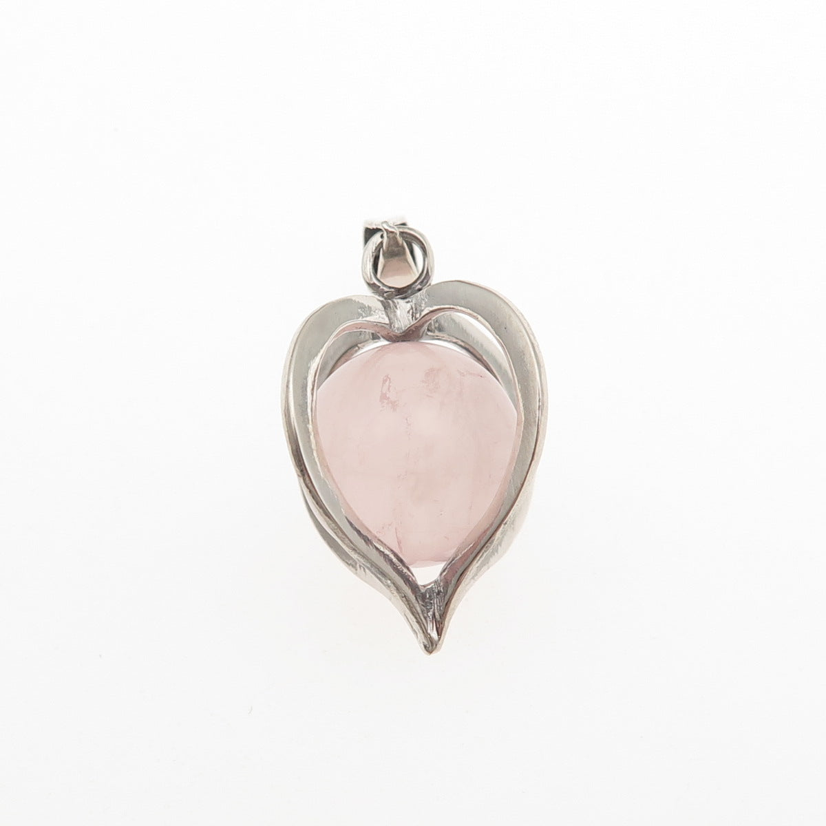 925 Sterling Silver Vintage Real Rose Quartz Heart Cage Charm Pendant