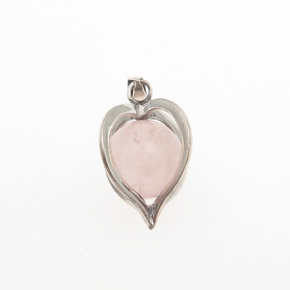 925 Sterling Silver Vintage Real Rose Quartz Heart Cage Charm Pendant