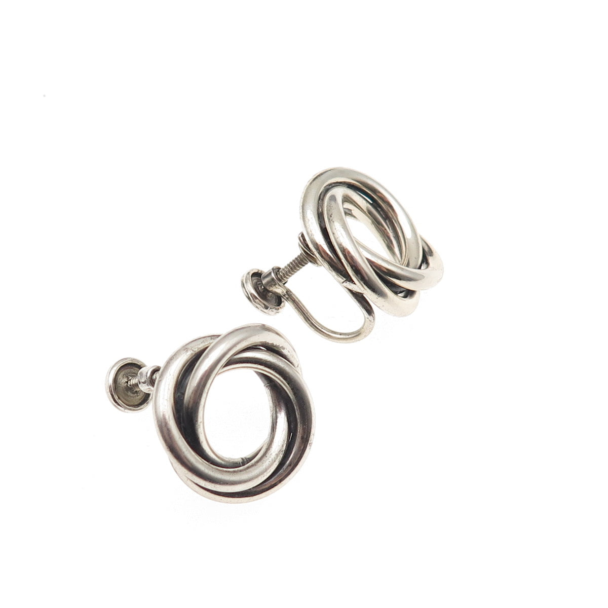 Beau Sterling Silver Antique Art Deco Interlocked Trinity Screw Back Earrings