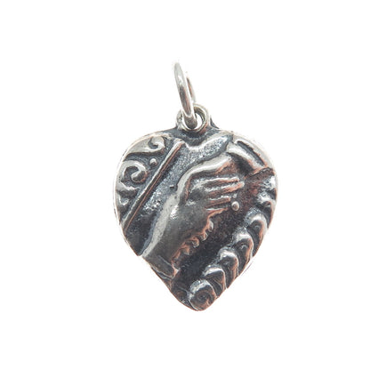 925 Sterling Silver Vintage Handshake Heart Oxidized Minimalist Charm Pendant