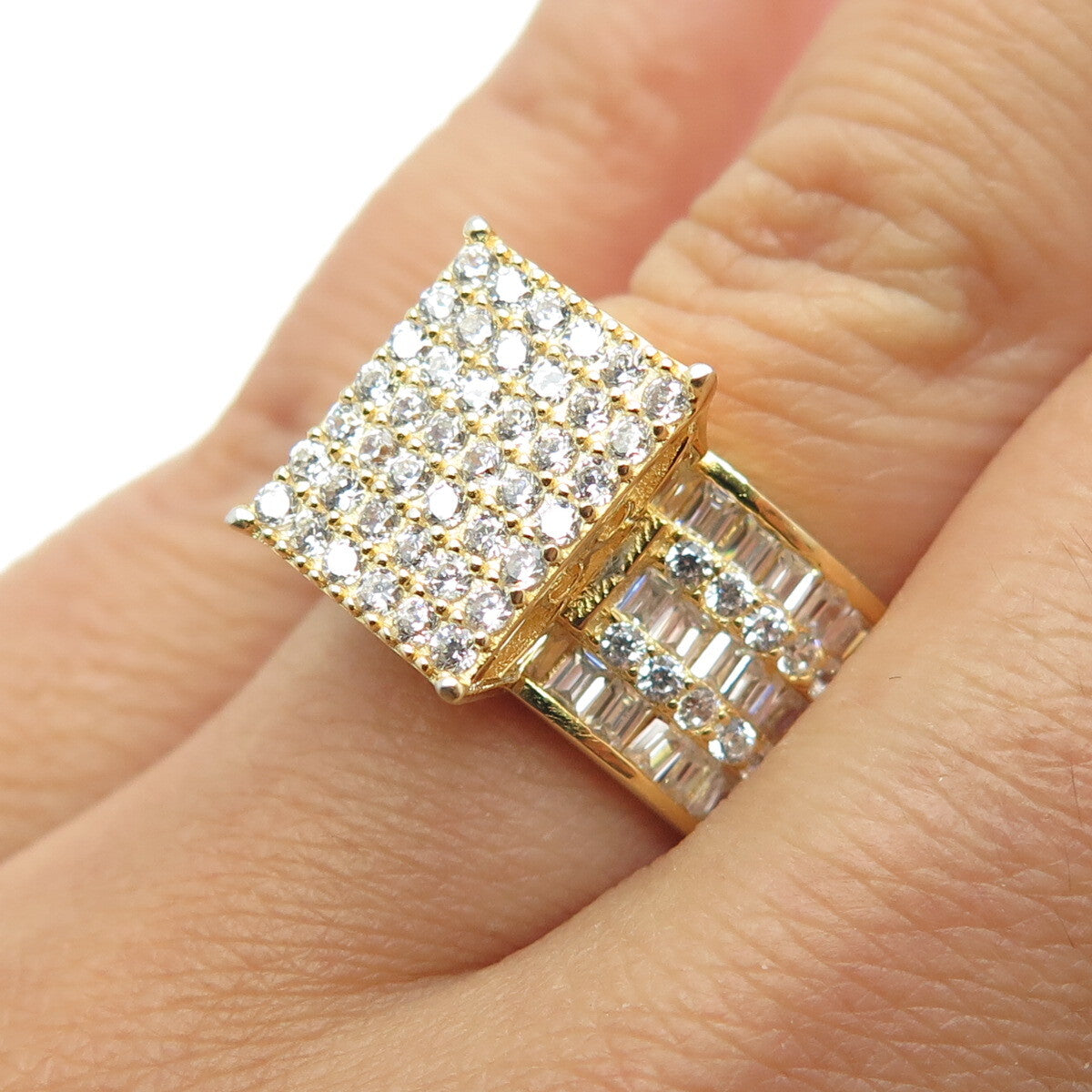 925 Sterling Silver Gold Plated Baguette & Round-Cut C Z Ring Size 7