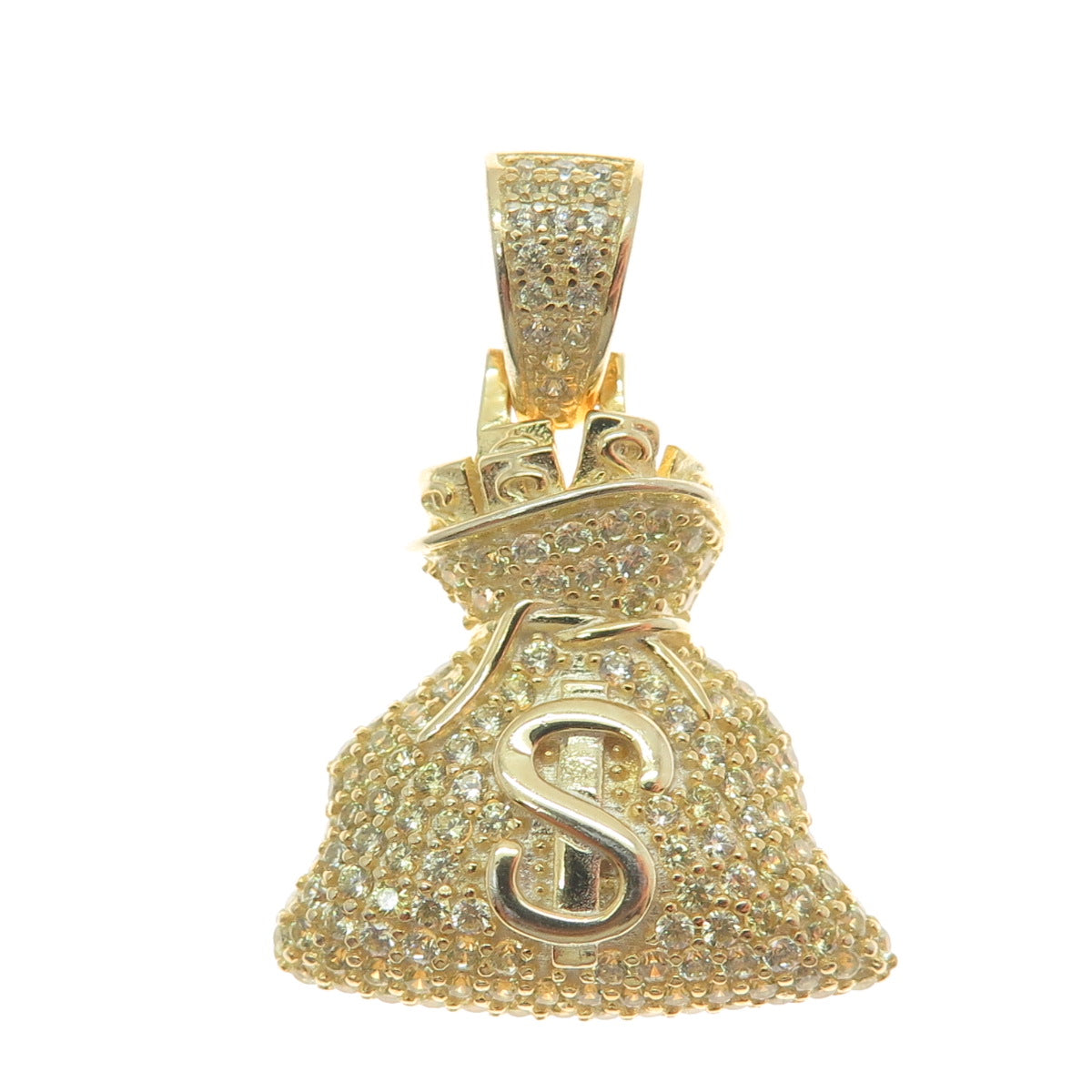 925 Sterling Silver Gold Plated C Z Dollar Sign Money Bag Pendant