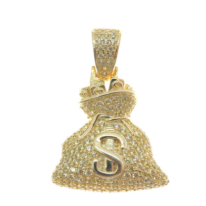 925 Sterling Silver Gold Plated C Z Dollar Sign Money Bag Pendant