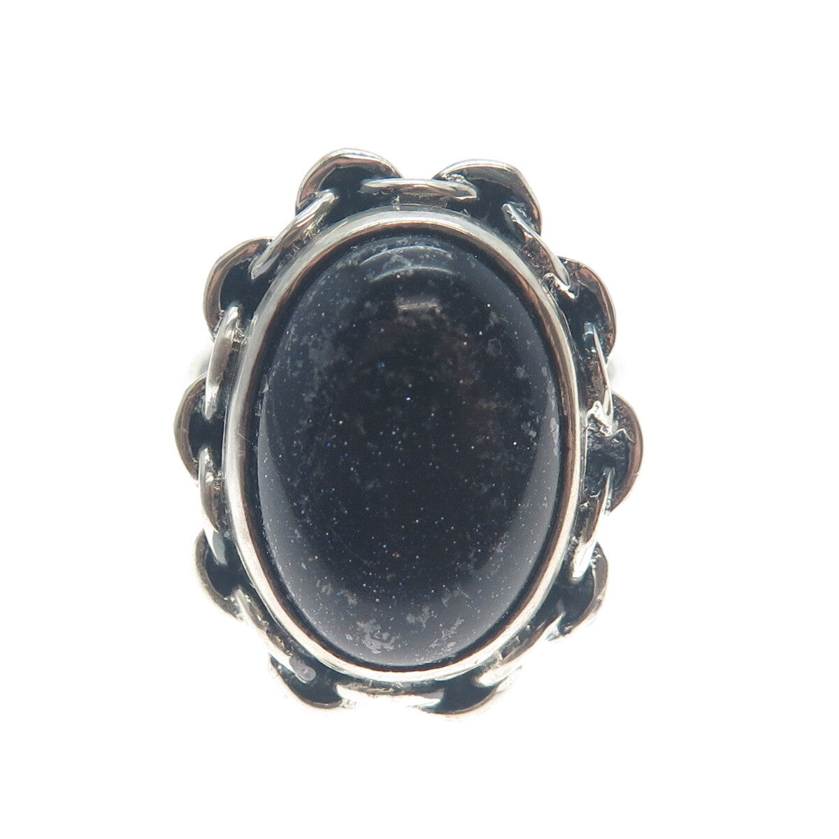 925 Sterling Silver Vintage Real Blue Sunstone Chain Link Oxidized Ring Size 8.5