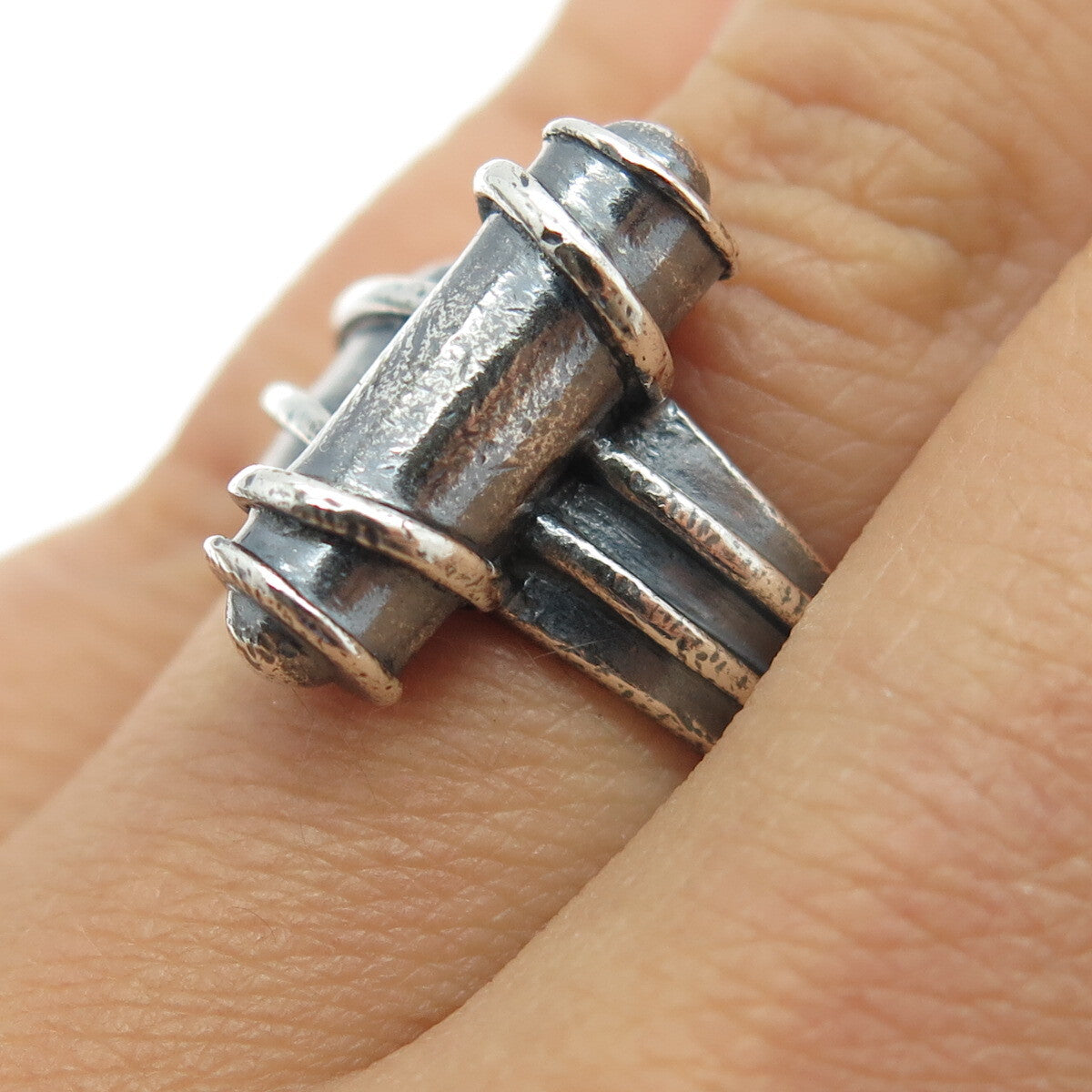 SMS 925 Sterling Silver Vintage Modernist Scroll Oxidized Ring Size 6.75